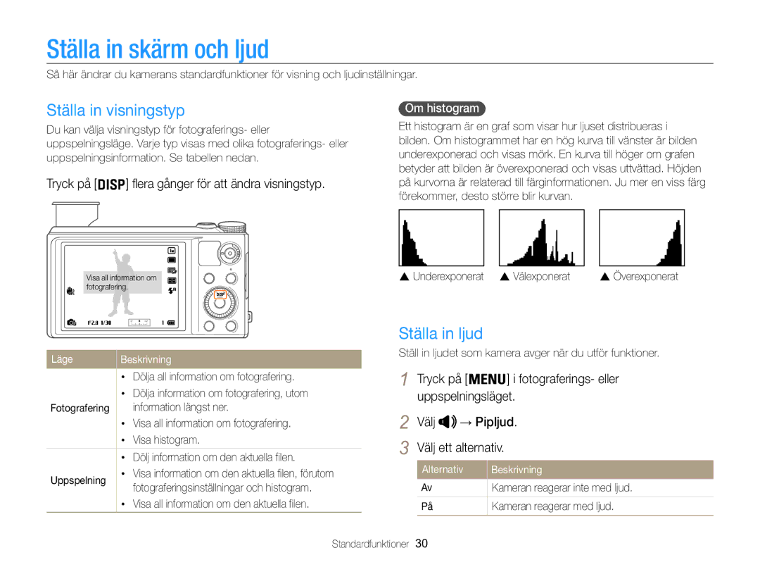 Samsung EC-WB850FBPBE2 manual Ställa in skärm och ljud, Ställa in visningstyp, Ställa in ljud, Om histogram  